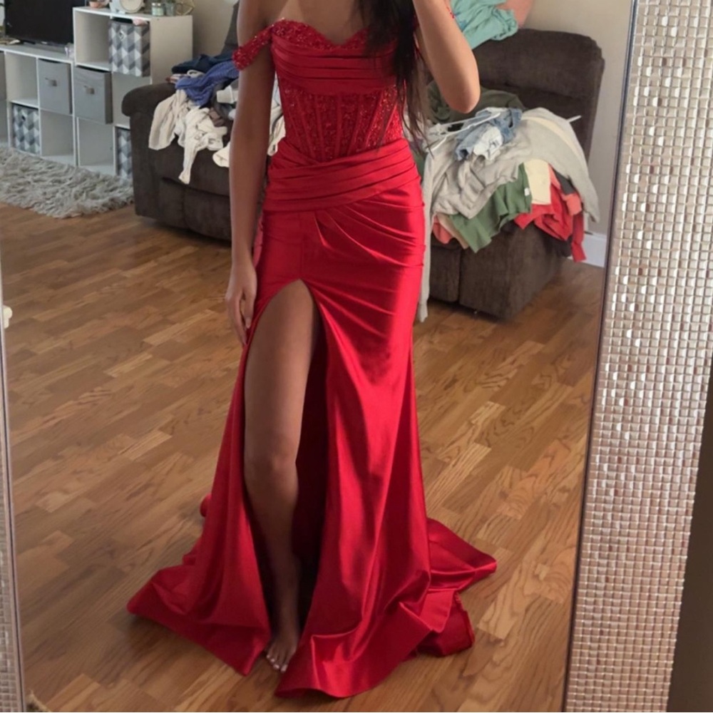 Off-Shoulder Red Evening Gown with High Slit